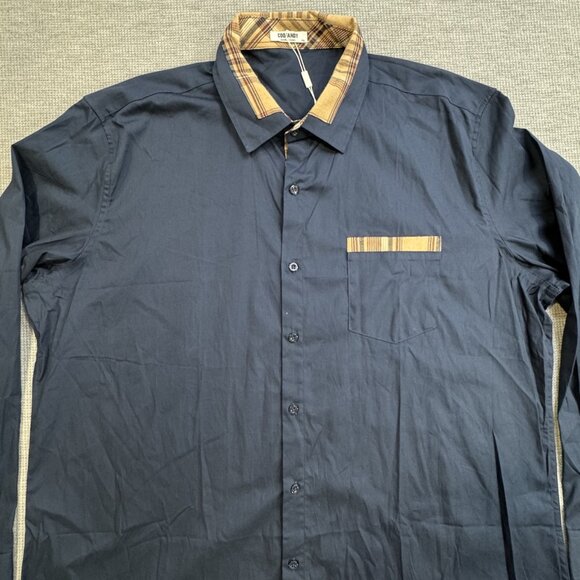 Coofandy Mens Size XXL Shirt Navy Blue Tan Plaid Trim Button-Up Long Sleeve NWT - Picture 3 of 13